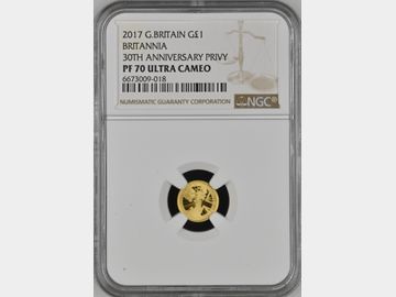 2017 ELIZABETH II '30th ANNIVERSARY PRIVY' BRITANNIA PROOF 1/20oz GOLD 1 POUND COIN PF70 UCAM