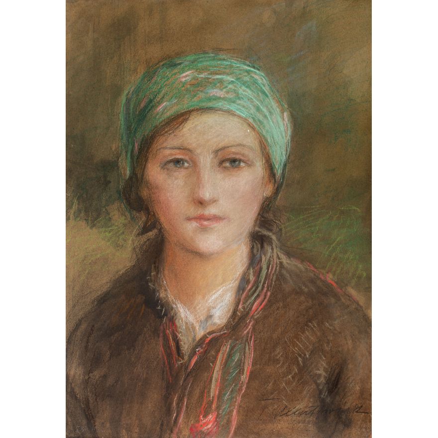 Teodor Axentowicz | Portrte dziewczyny w zielonej chustce