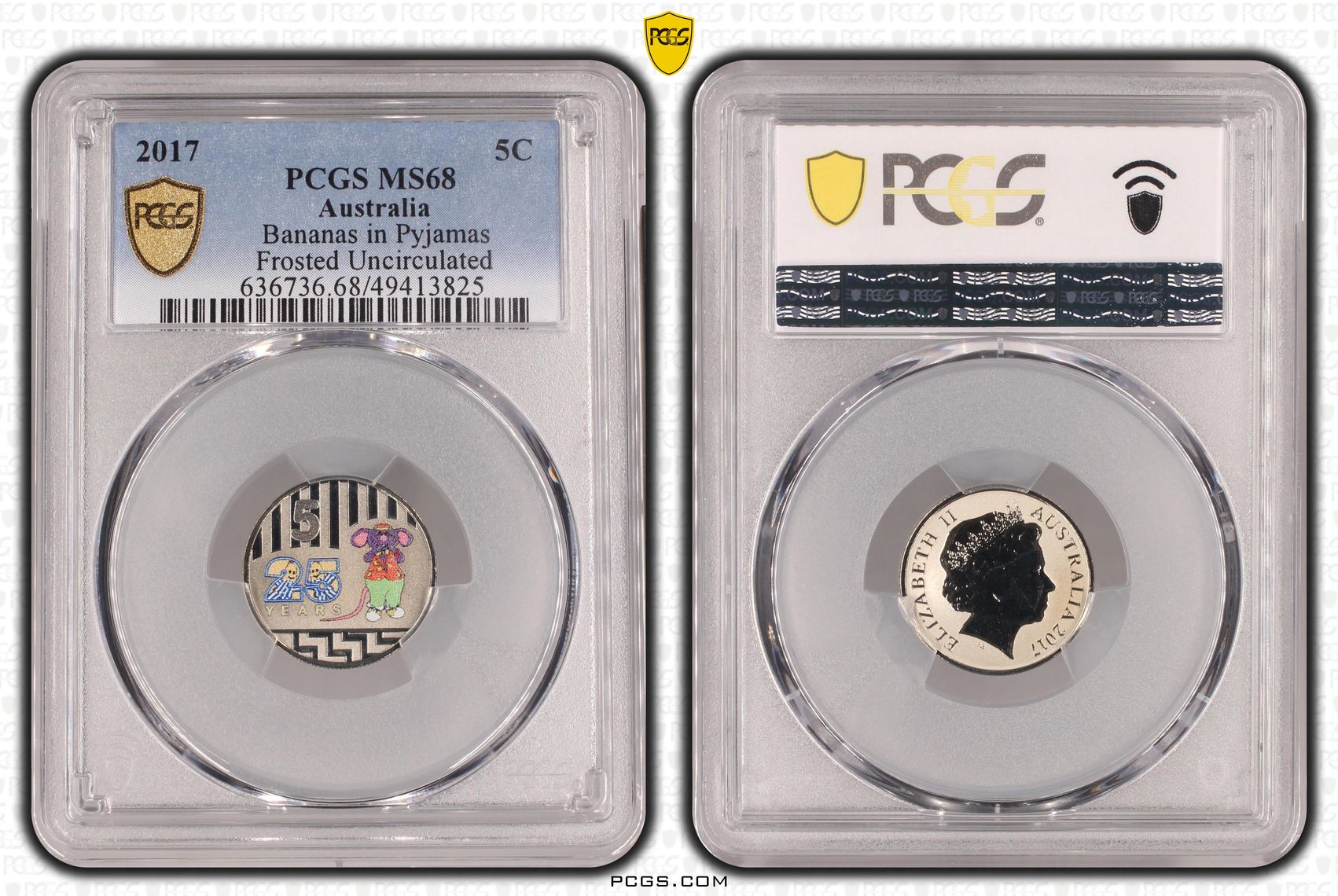 Elizabeth II, Bananas in Pyjamas Frosted Uncirculated , Five Cent, 2017, PCGS MS68