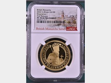 2022 BRITISH MONARCH 'JAMES I' GOLD 1oz PROOF 100 POUND PF70 UCAM TOP POP!