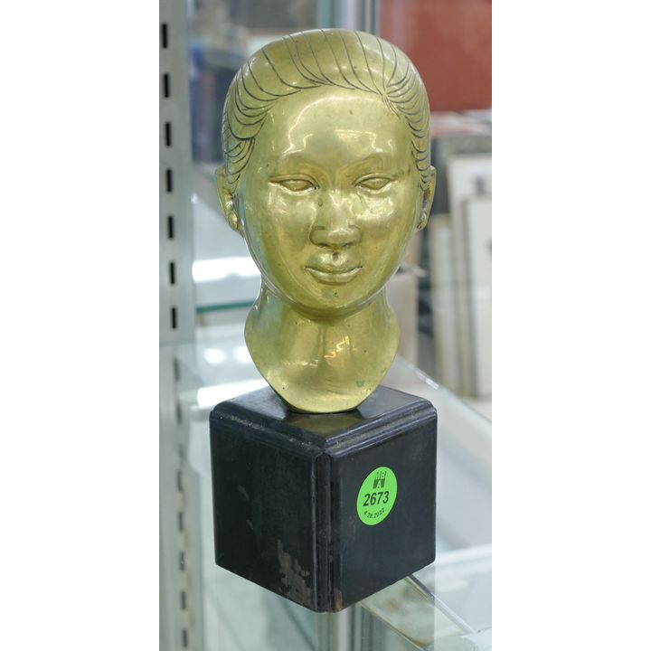 Old Asian Bronze Woman Bust Sculpture on Stand- 7''