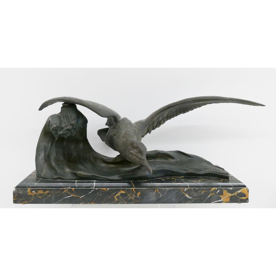J. Loriot Seagull in Flight Bronze Sculpture