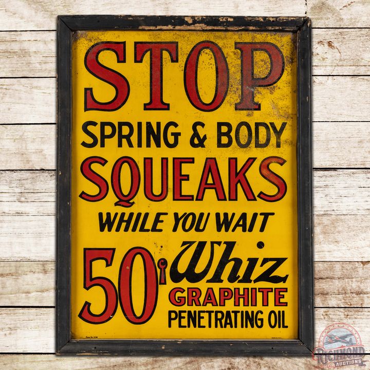 Whiz Graphite Oil Stop Squeaks 50 Cents Single Sided Tin Sign w/ Wooden Frame