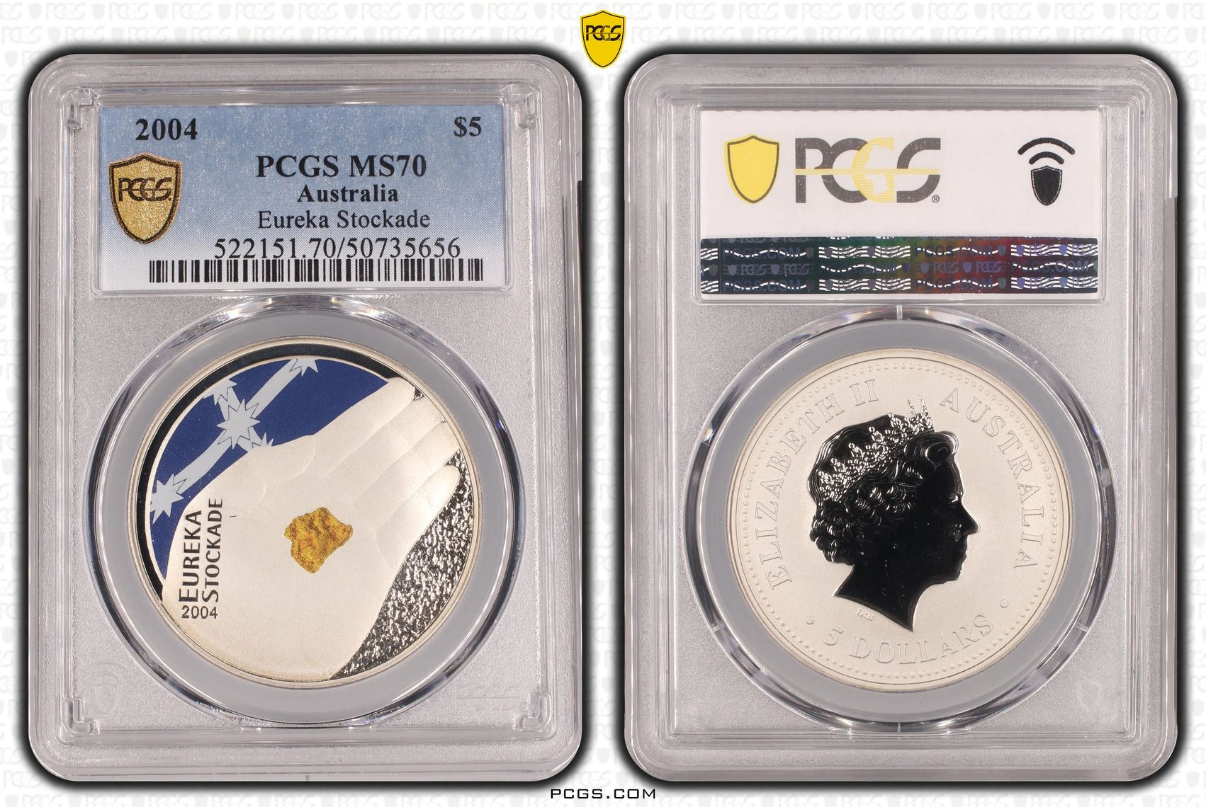 Eureka Stockade Colorized POP 13/0, Five Dollar, 2004, PCGS MS70