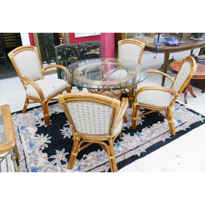 5pc Rattan Upholstered Glass Top Dinnette Set- Table 29x42'' and 4 Chairs (36x24x25'')