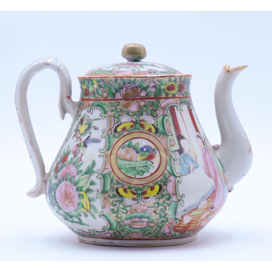 Antique Chinese Rose Canton Porcelain Teapot 5.5''