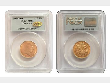 1913 DENMARK CHRISTIAN X GOLD 20 KRONER COIN PCGS MS65