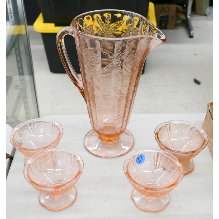 5pc Pink Glass Floral Pitcher & Sherberts 3'' - 10''