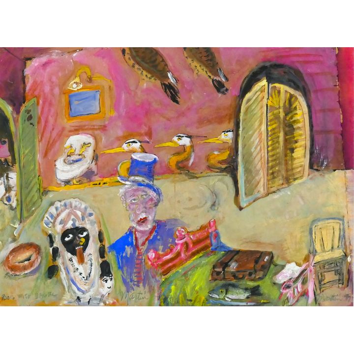 James Martin ''Room with Bagel'' Tempera on Paper Framed 18.5''x22.5''