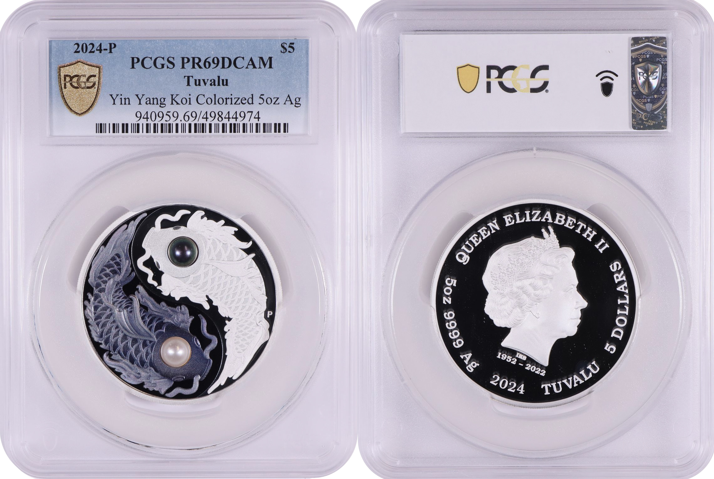 Tuvalu, Yin Yang Koi Colorized 5oz Ag , Five Dollar, 2024-P, PCGS PR69DCAM