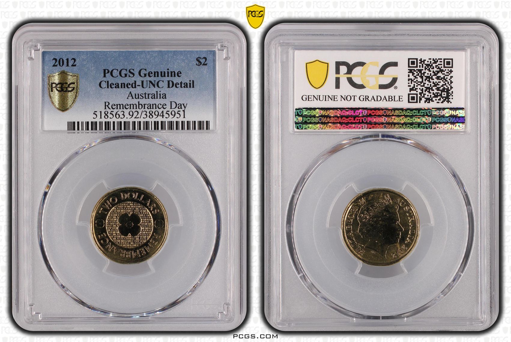 2012 Australia Two Dollar, $2 Remembrance Day PCGS - Genuine - UNC Details (92 - Cleaned) -951
