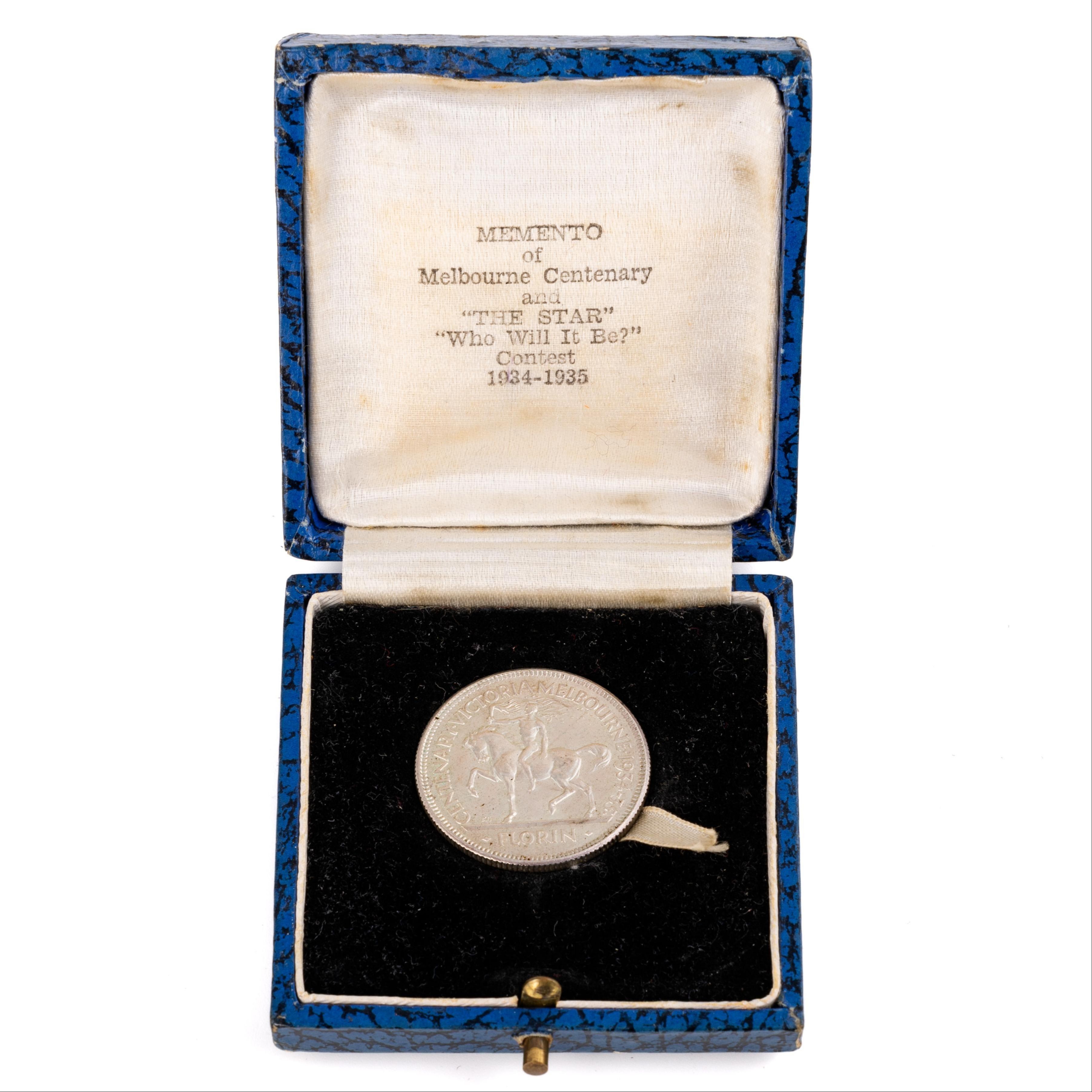 Memento of Melbourne Centenary - Case & Coin, Florin, 1934-35, UNC