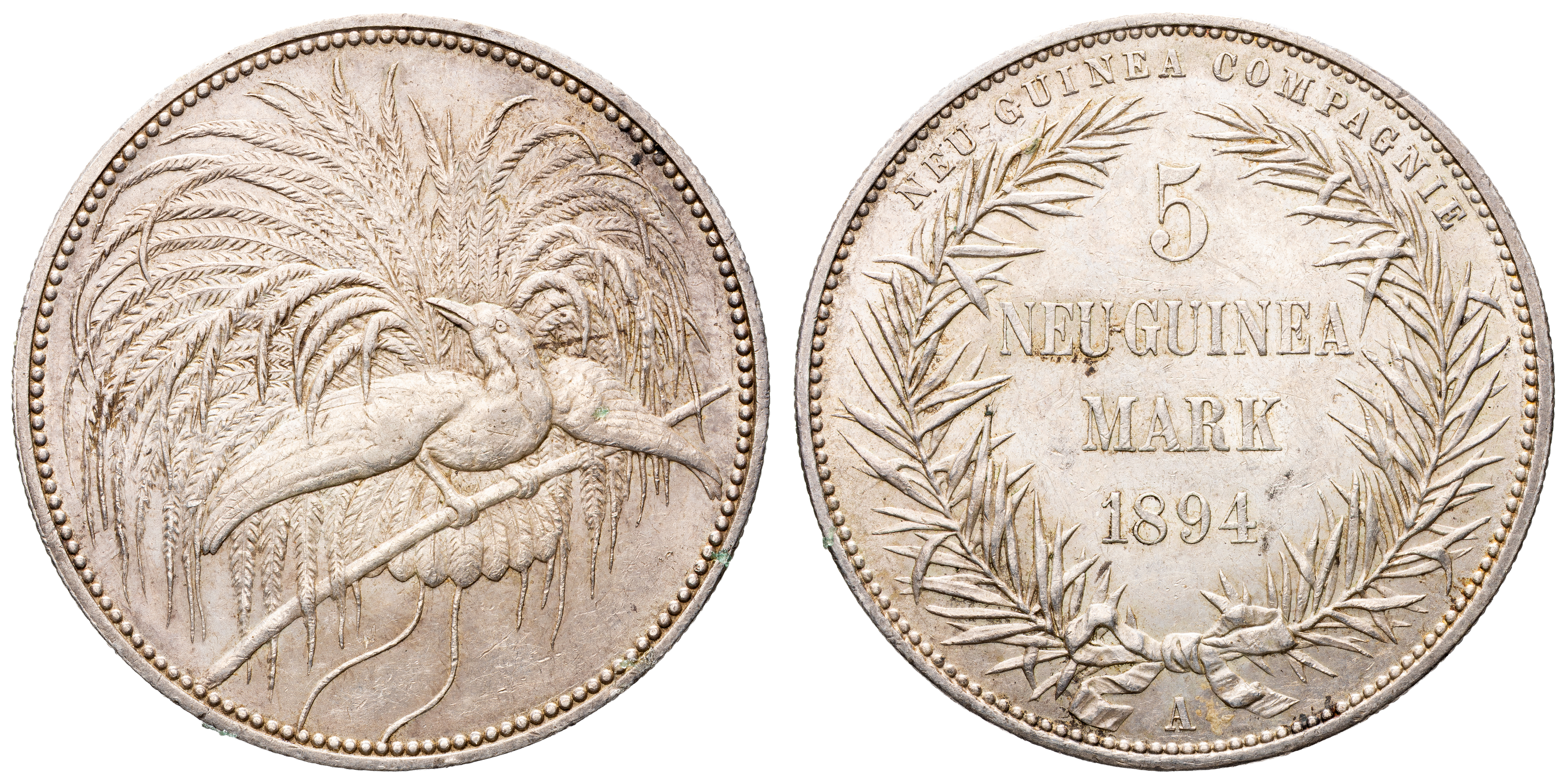 German New Guinea, Friedrich Wilhelm II, Five Mark, 1894-A, F