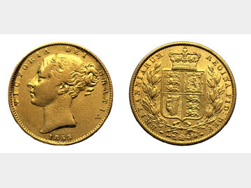 1855 Queen Victoria Young Head Shield Gold Sovereign.