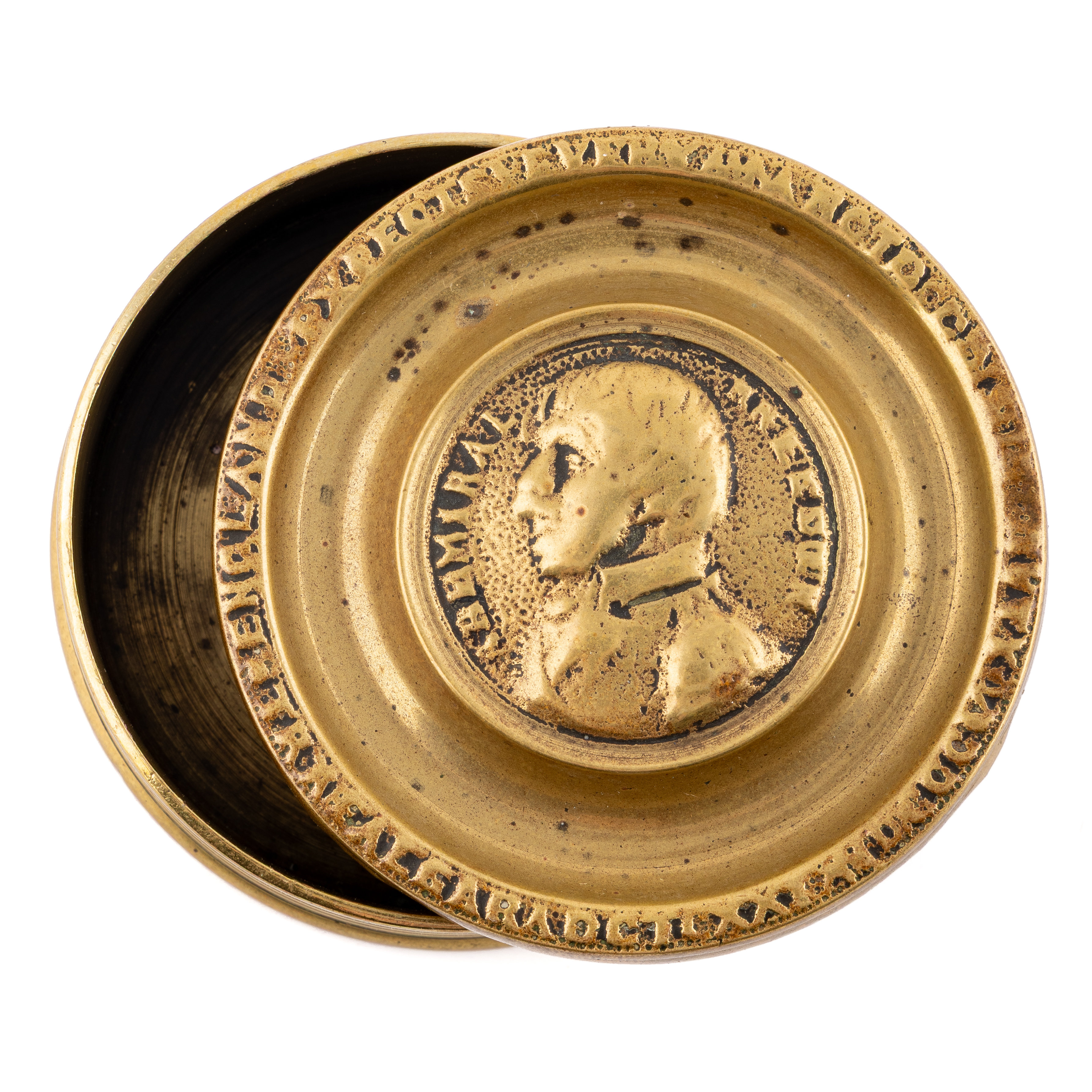 Admiral Nelson Brass Cartridge Tobacco Box, 1800s, gF