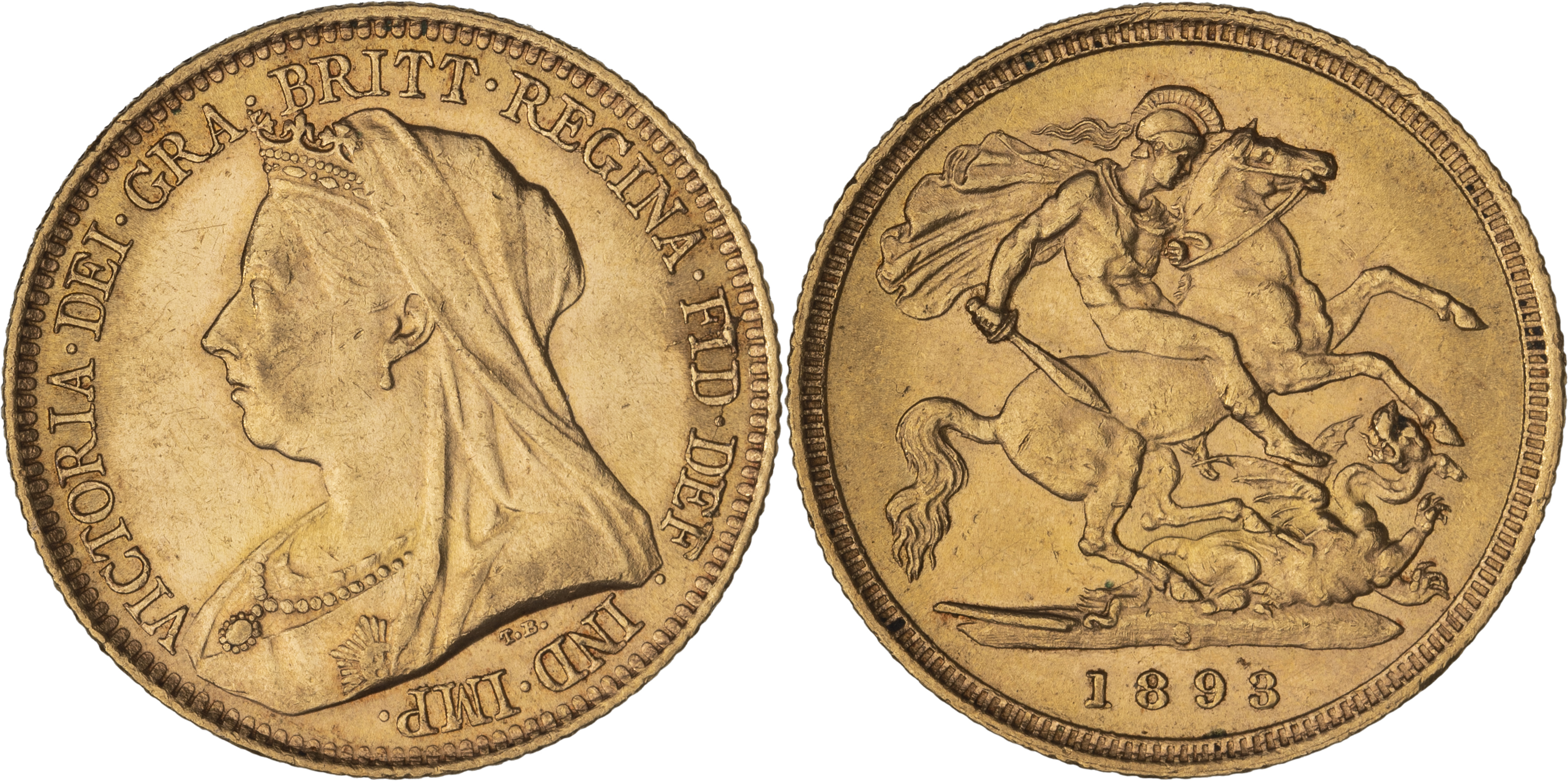 Victoria, St George Reverse - Veiled Head, Half Sovereign, 1893-S, aUNC