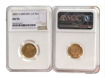 1855 VICTORIA HALF SOVEREIGN AU55