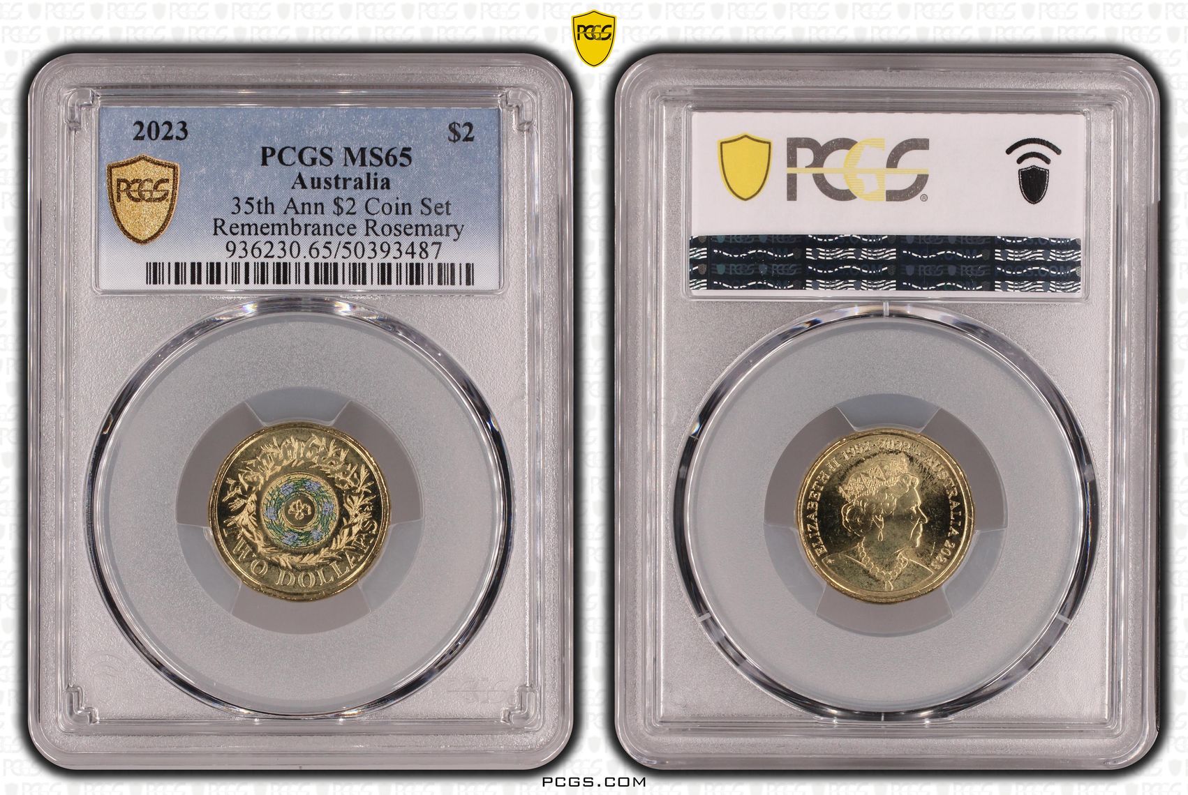 Elizabeth II, 35th Ann $2 Coin Set Colorized Remembrance Rosemary , Two Dollar, 2023, PCGS MS65