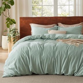 BEDSURE 100% WASHED COTTON DUVET COVER KING SIZE - SAGE GREEN MINIMALIST COTTON DUVET COVER LINEN LIKE - 3 PIECES GENTLESOFT PLAIN