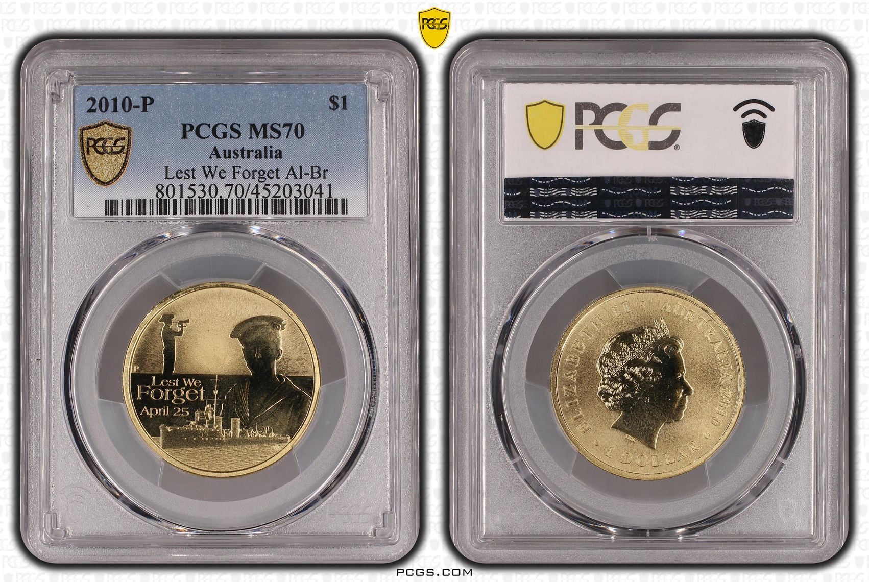 2010-P Australia One Dollar, $1 Lest We Forget Al-Br PCGS - MS70 POP 1/0 -041