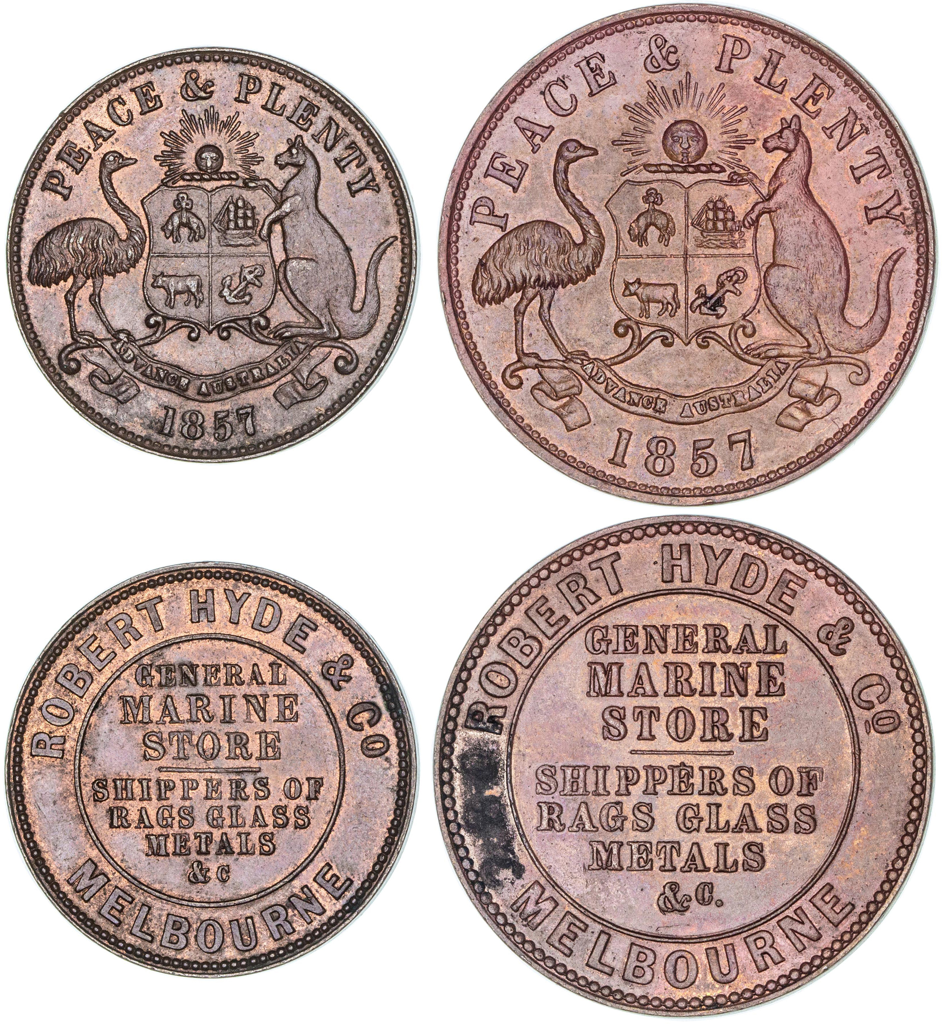 Robert Hyde & Co., Melbourne, Penny & Halfpenny, 1857, EF