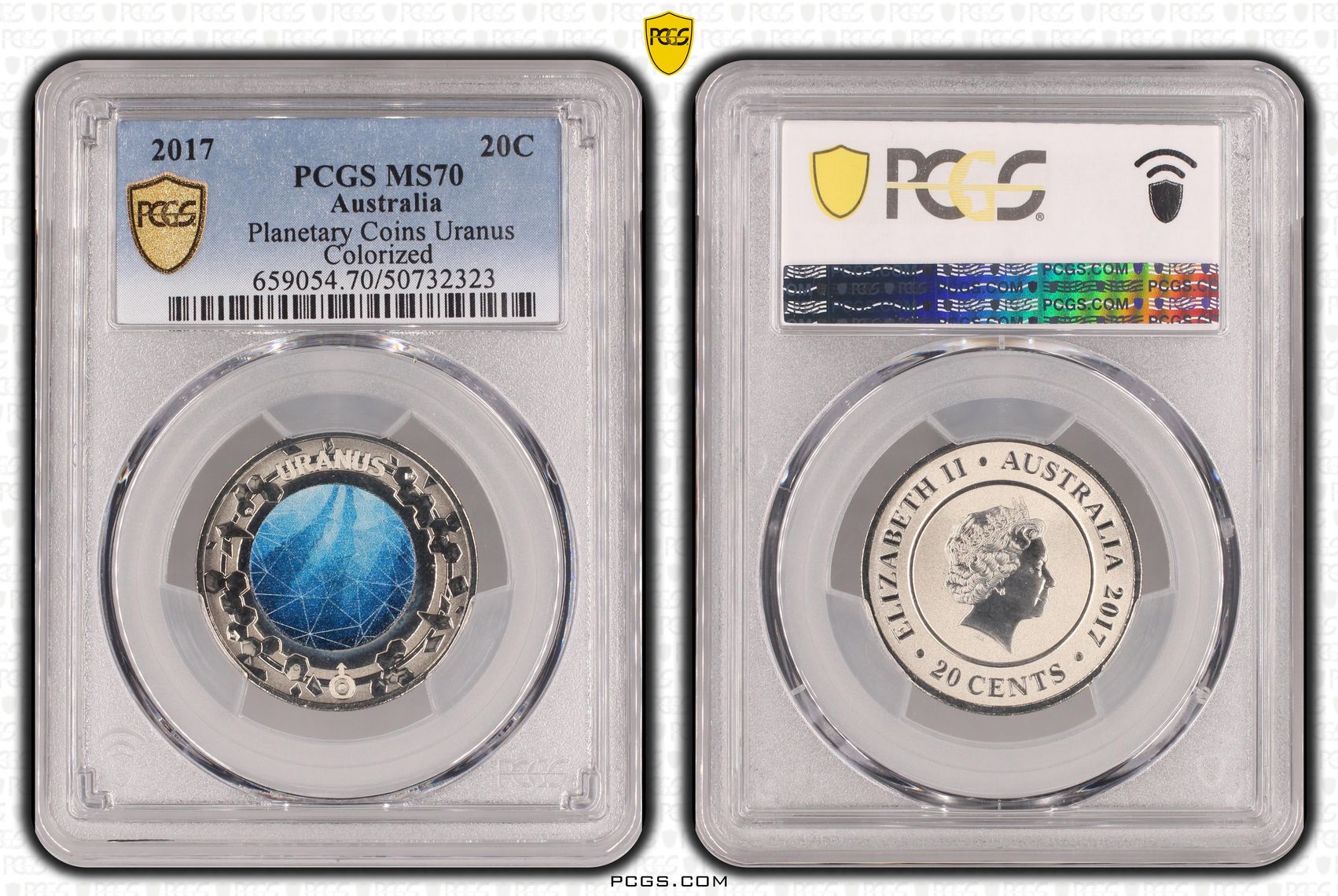 66 · Planetary Coins Uranus Colorized, Twenty Cent, 2017, PCGS MS70