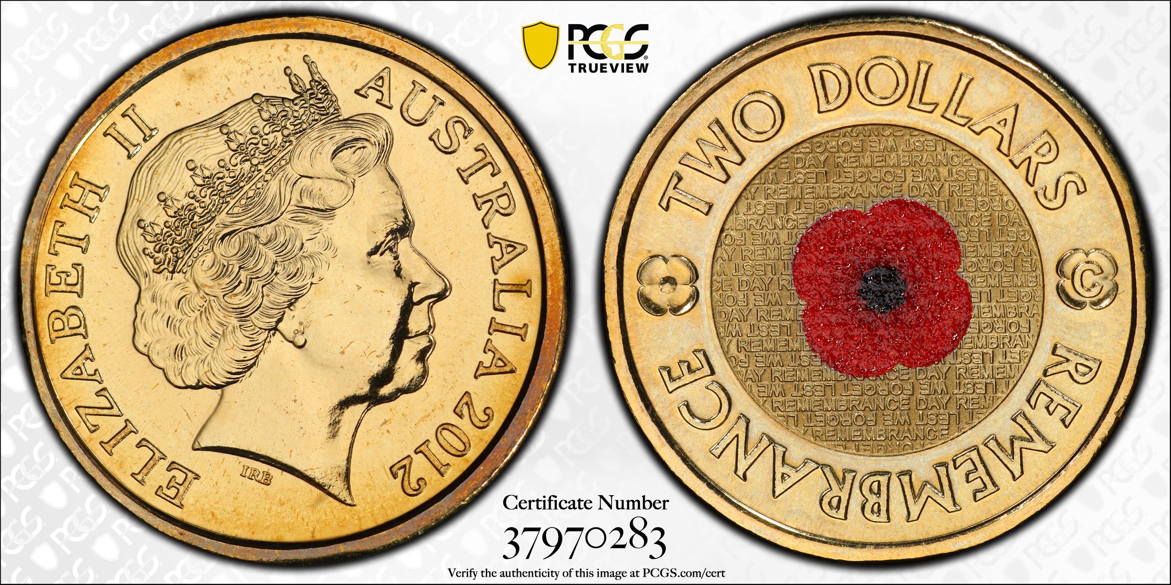 2012-C Australian Two Dollar, $2 Remembrance Day Colored PCGS - MS67 -283