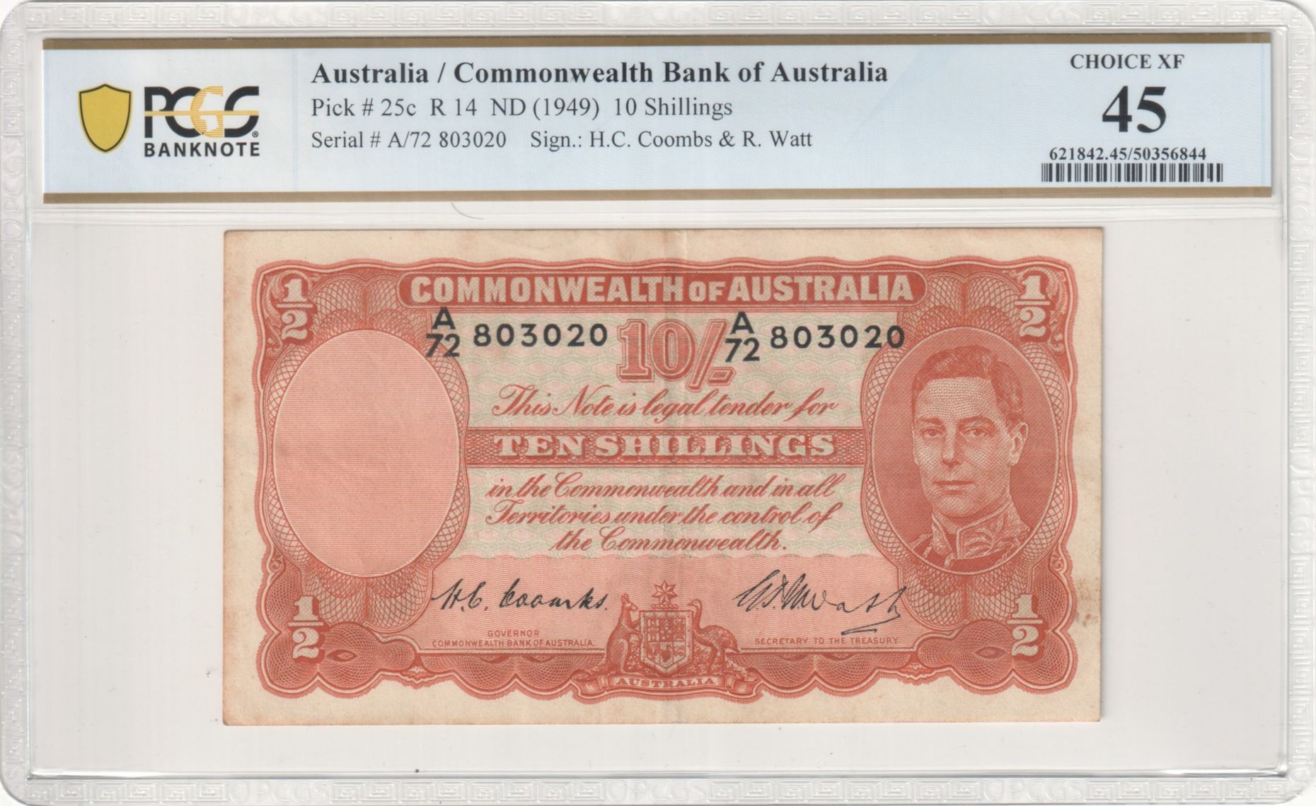 Coombs/Watt, Ten Shillings, 1949, PCGS Choice XF 45