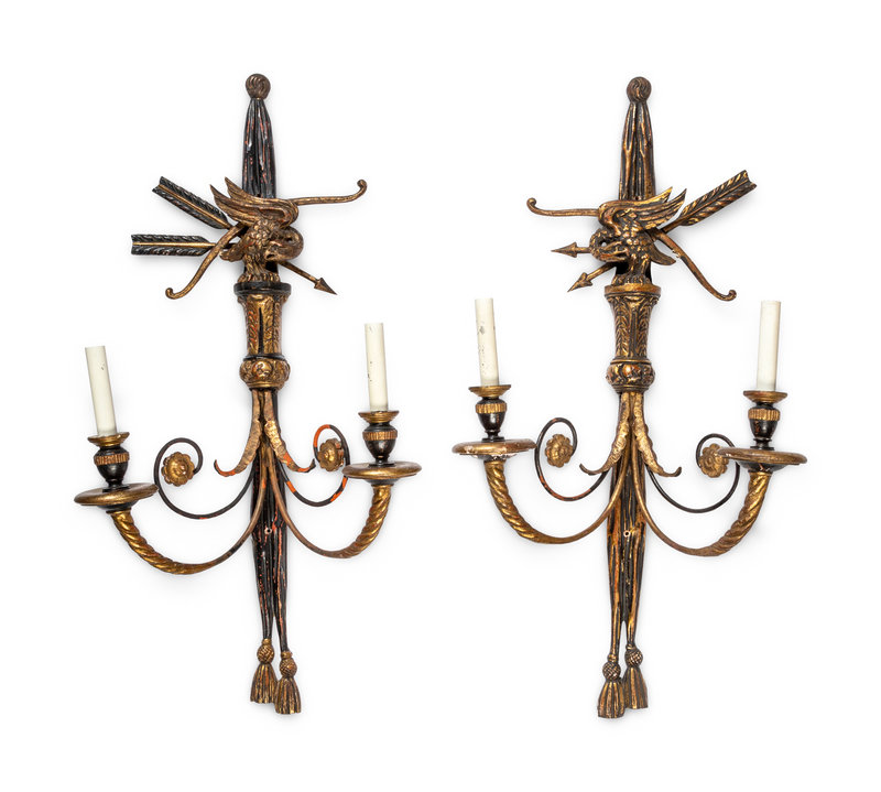 A Pair of Italian Painted and Giltwood Two-Light Sconces 