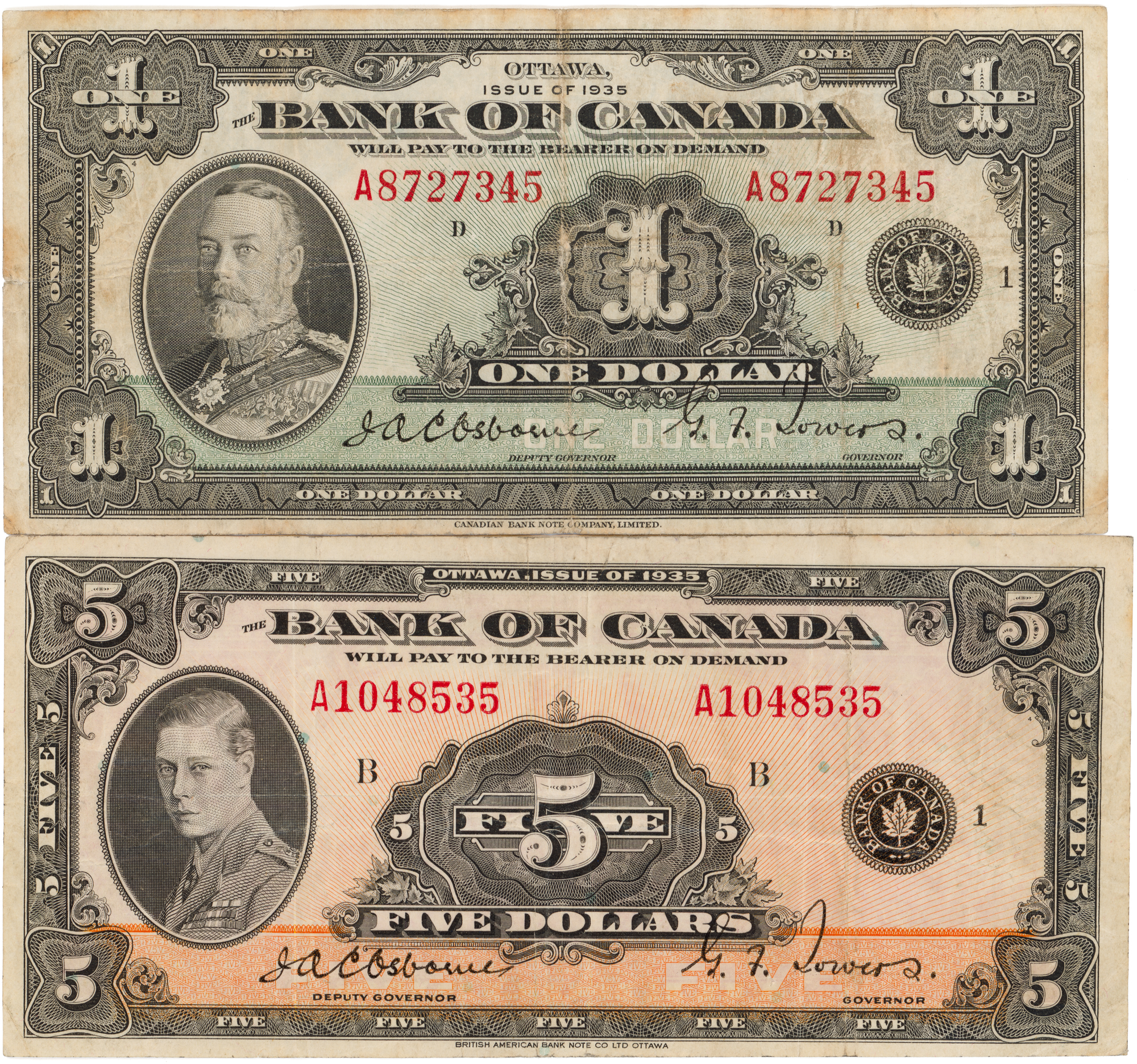 Canada, One Dollar - Five Dollars, 1935, aF -aVF