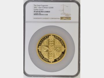 2021 GREAT ENGRAVERS GOTHIC CROWN 'QUARTERED ARMS' 10oz GOLD PROOF PF69 UCAM