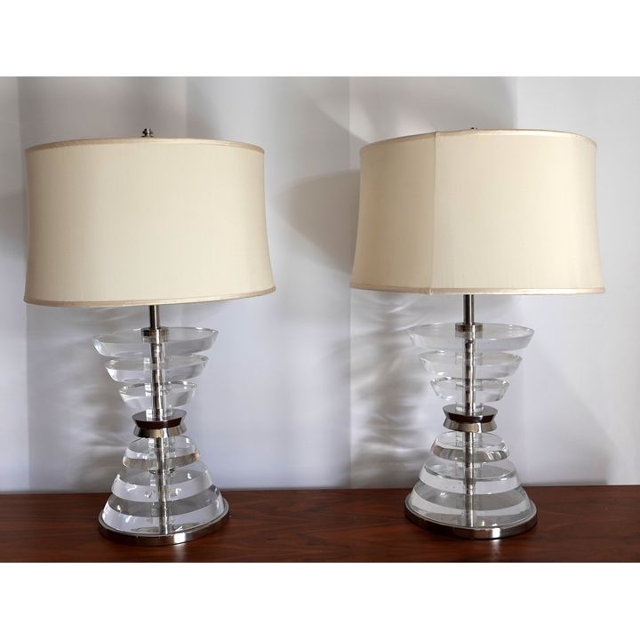 PAIR OF AMERICAN ACRYLIC AND STAINLESS STEEL TABLE LAMPS WITH SILK SHADES