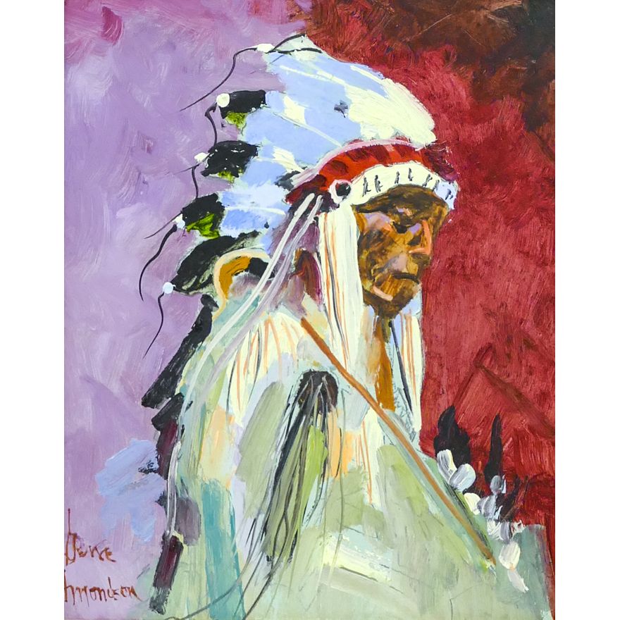 Gene Amondson ''Indian with Headdress'' Oil on Masonite Framed 19''x17''