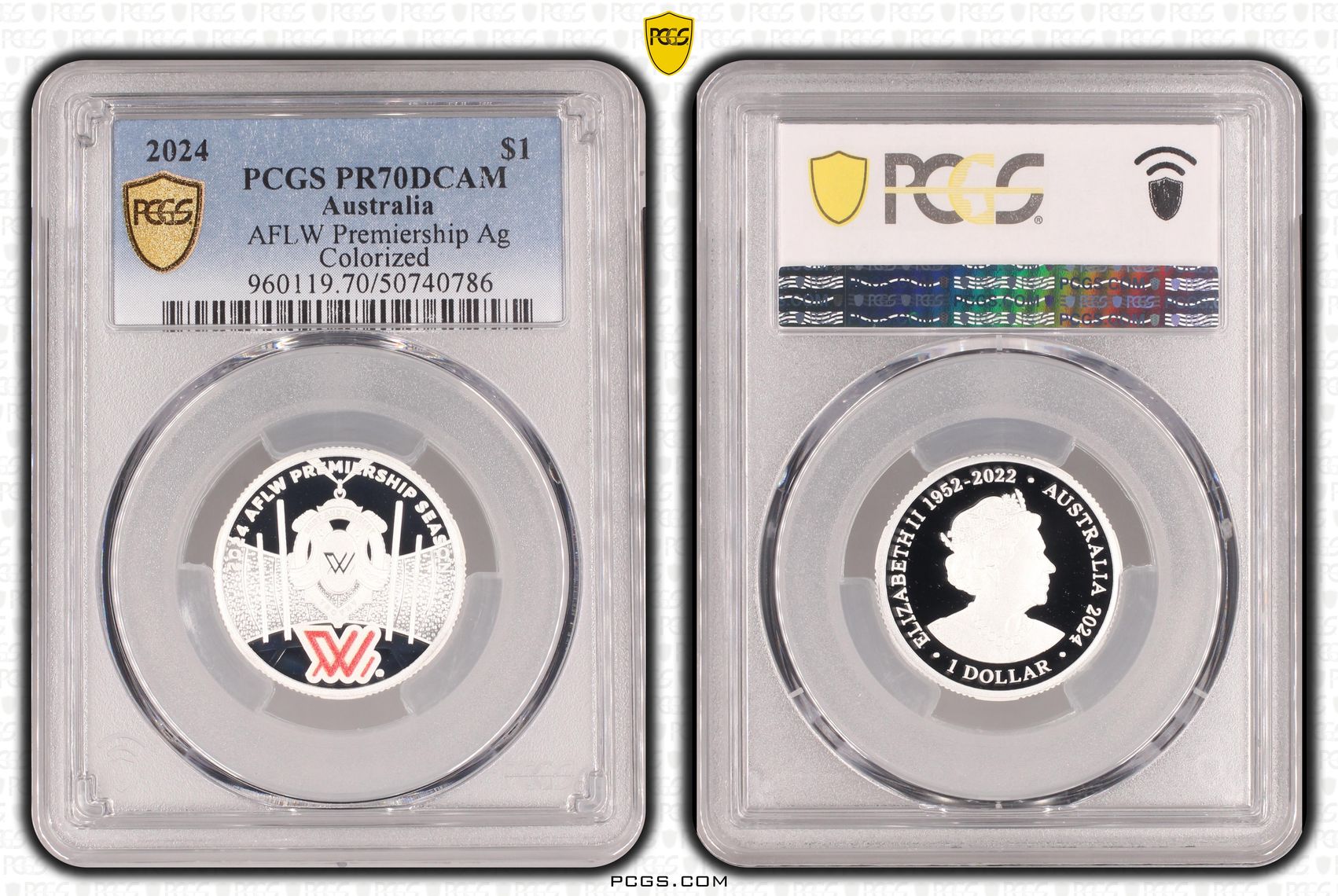 AFLW Premiership Ag Colorized POP 4/0, One Dollar, 2024, PCGS PR70DCAM
