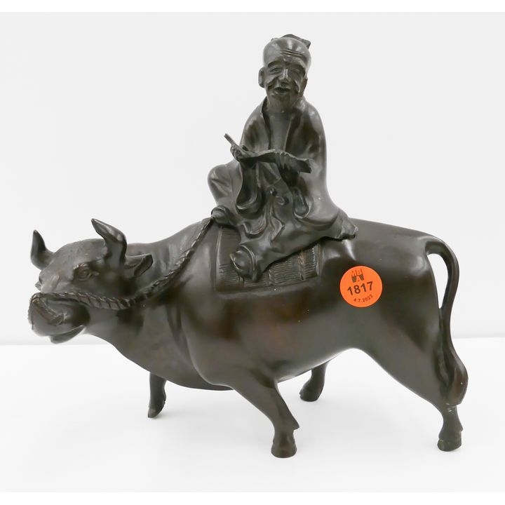 Japanese Bronze Man on Ox Figural Incense Burner- 8''