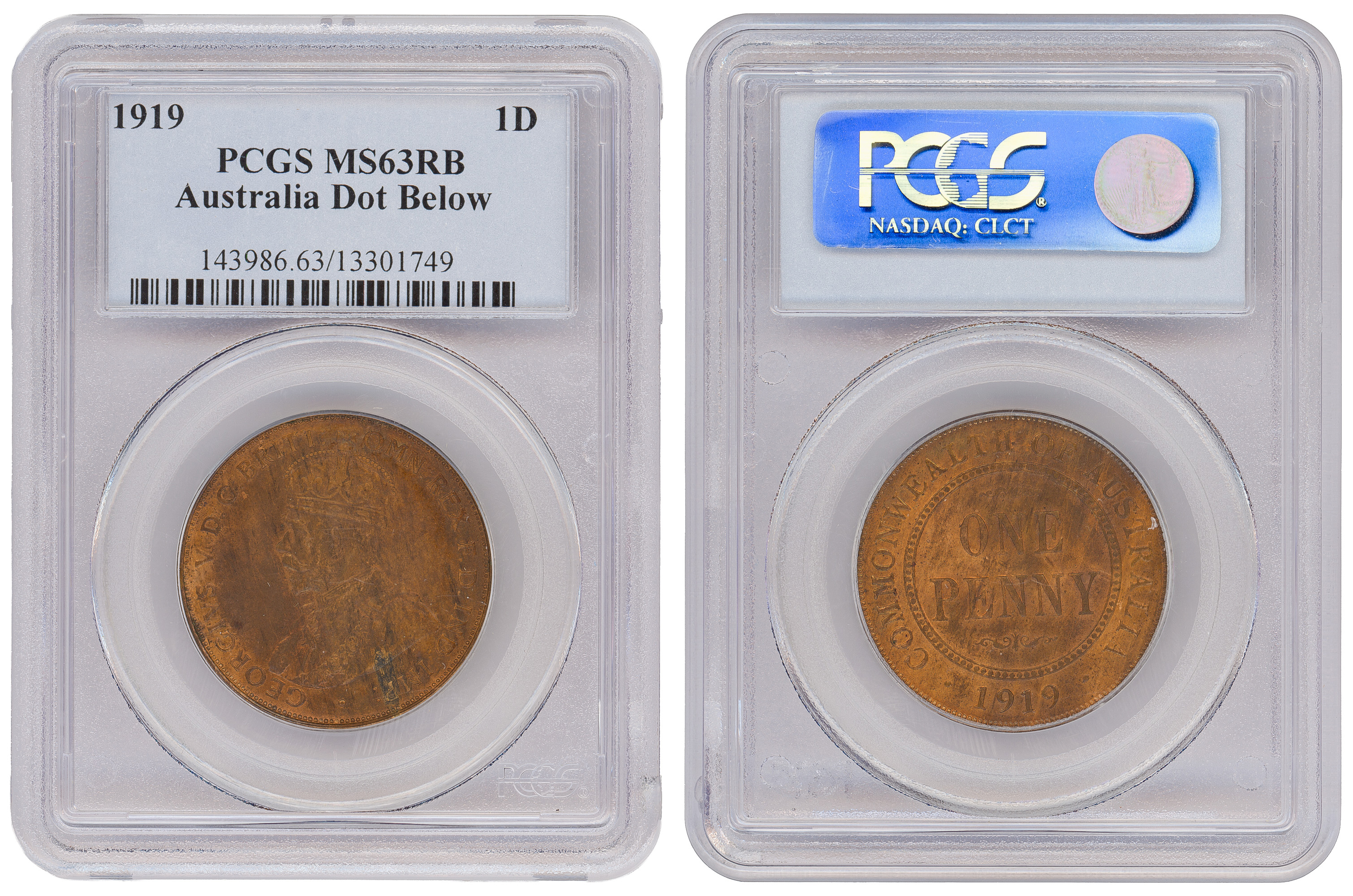 George V, Dot below, Penny, 1919 //., PCGS MS63RB