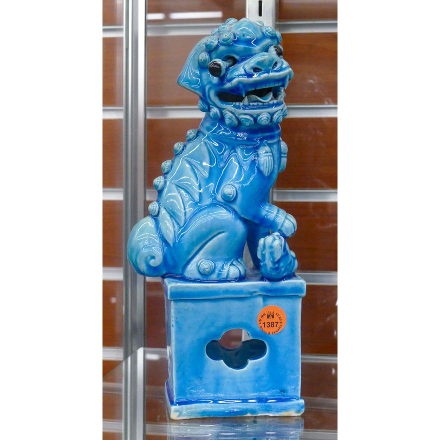 Old Chinese Peacock Blue Foo Lion Figure 10''