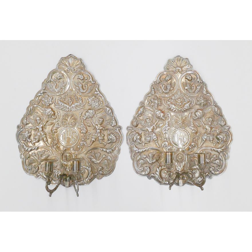 Pair Bolivian Silver Hand worked Mariola Style Wall Sconces