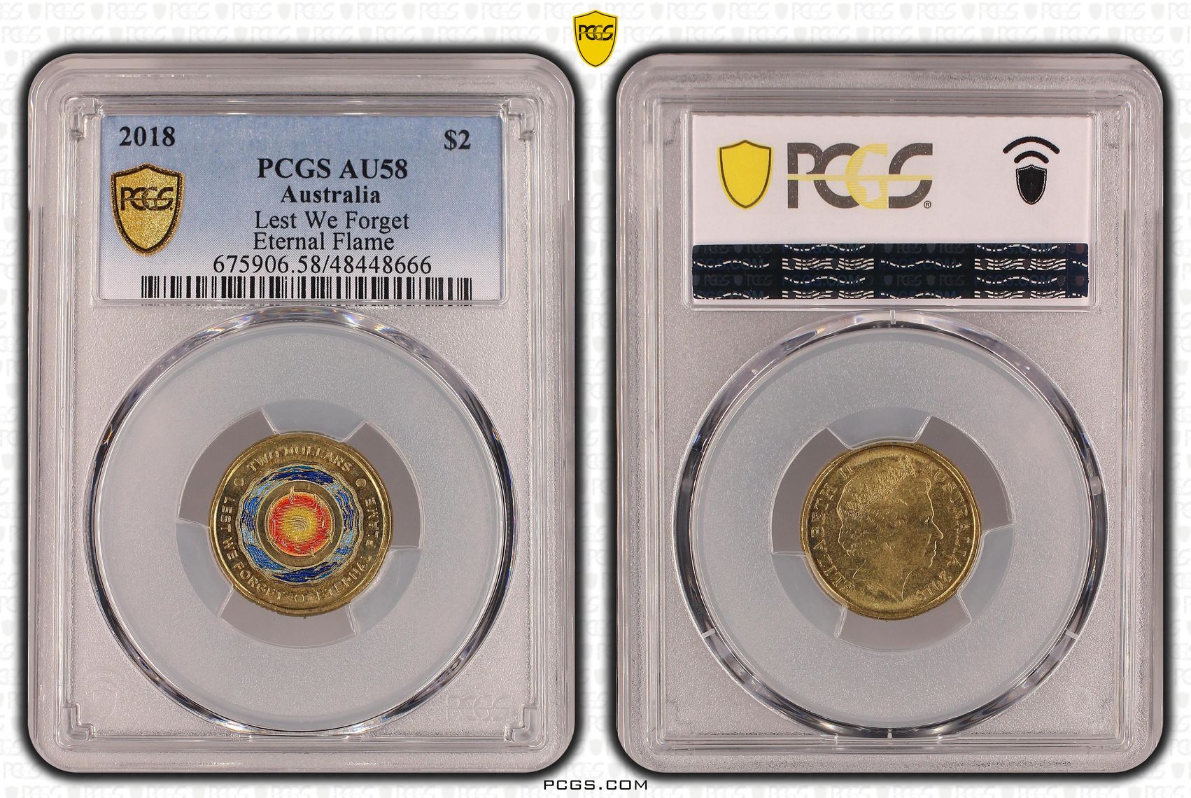 Elizabeth II, Lest We Forget - Eternal Flame, Two Dollar, 2018, PCGS AU58