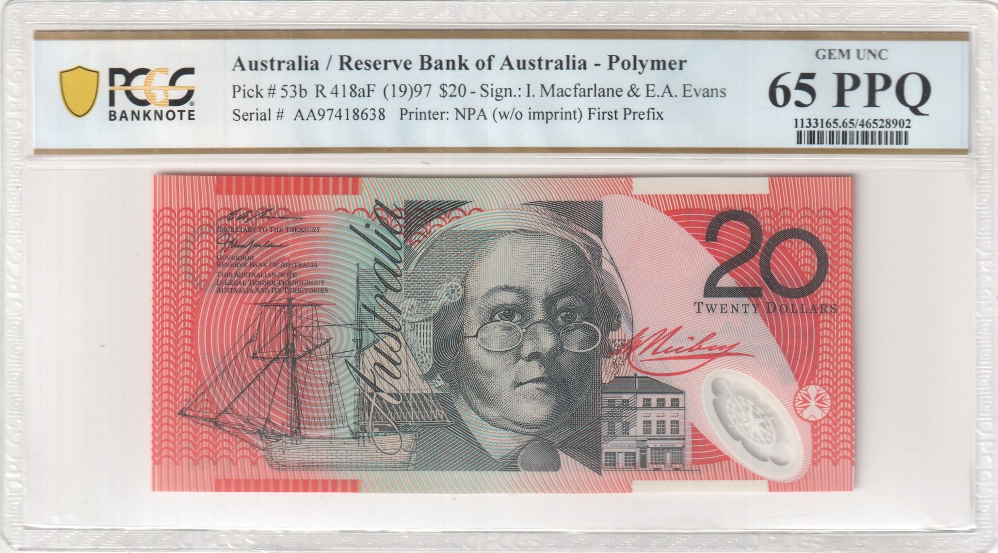 Macfarlane/Evans, First Prefix, Twenty Dollar, 1997, PCGS Gem UNC 65 PPQ