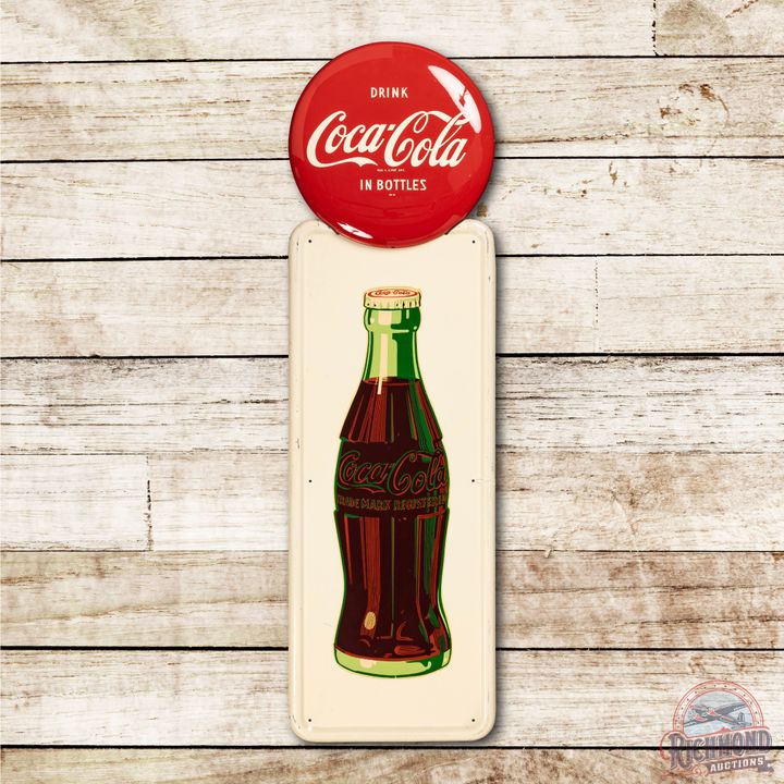 Coca Cola 2 Piece Pilaster w/ Bottle & 16" Button Tin Sign
