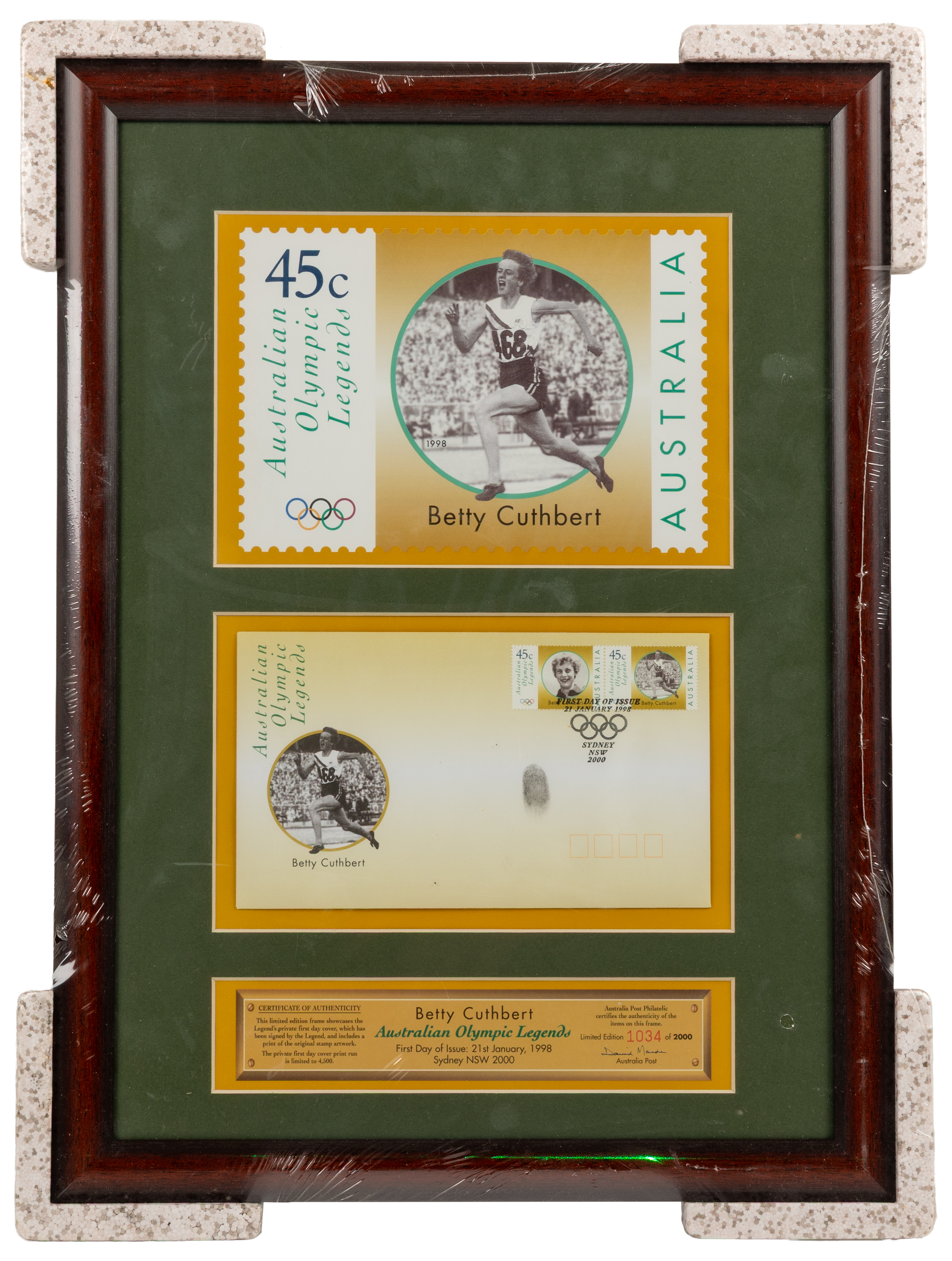 Australia Post - Framed Betty Cuthbert Giant Stamp & First Day Cover, Forty-Five Cents, 1998, UNC