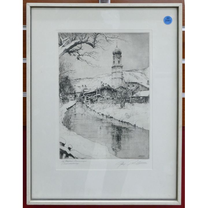 Paul Geisler Winter Scene Signed Etching Framed 18''x13.5''