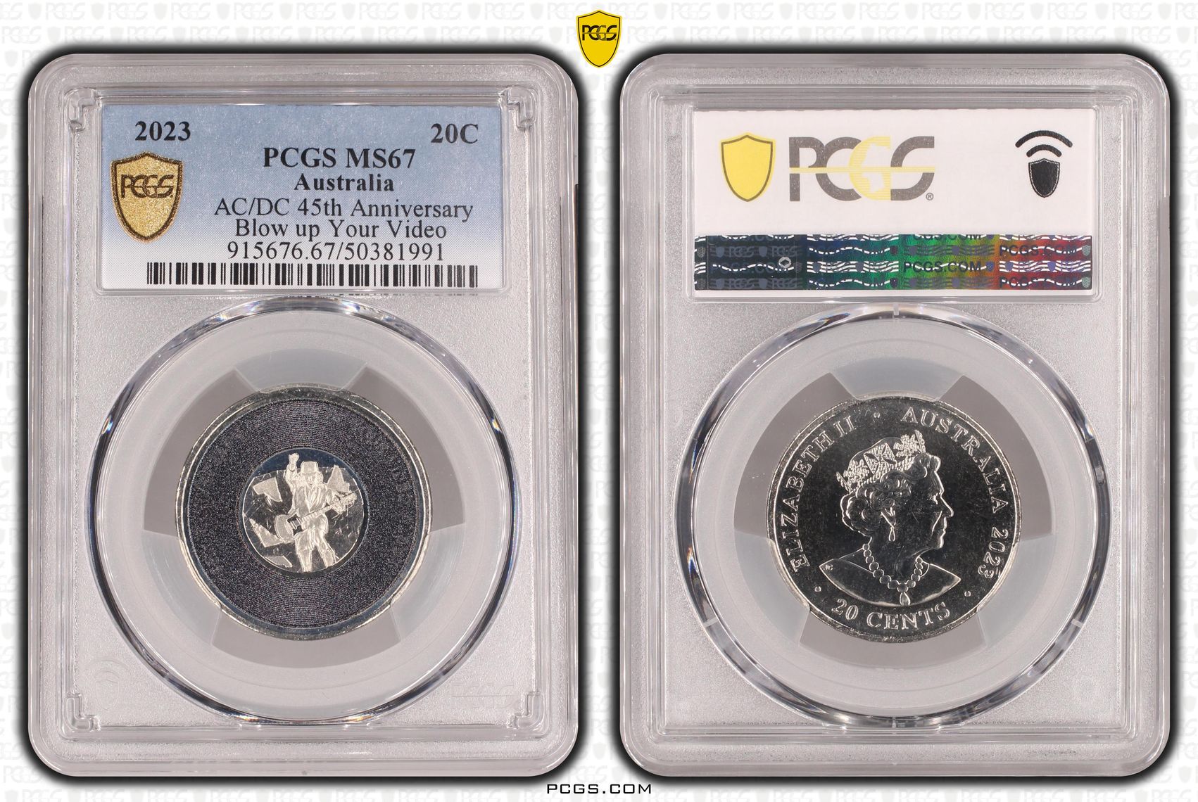 169 · Elizabeth II, AC/DC 45th Anniversary - Blow up Your Video , Twenty Cent, 2023, PCGS MS67