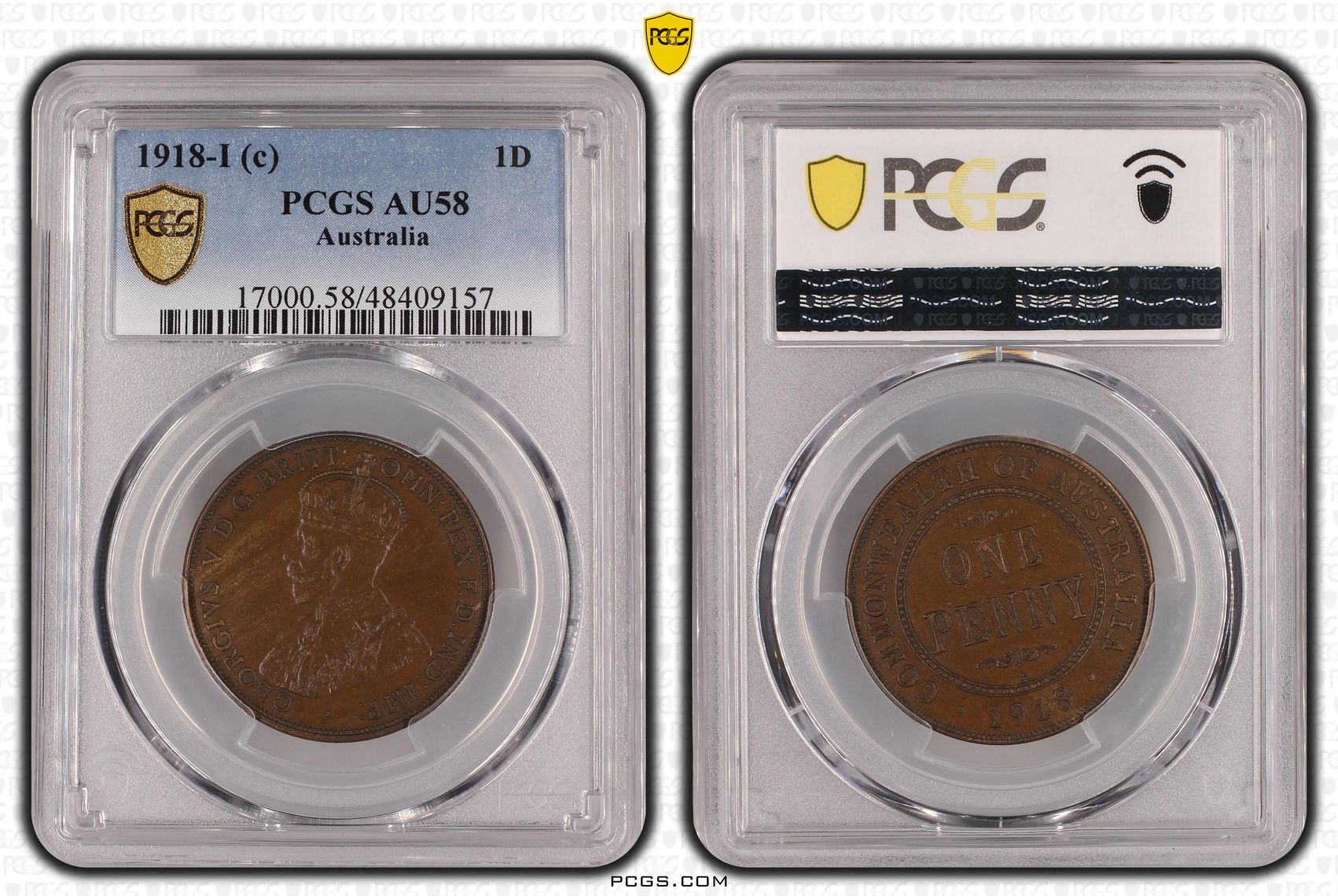 George V, Penny, 1918-I, PCGS AU58BN