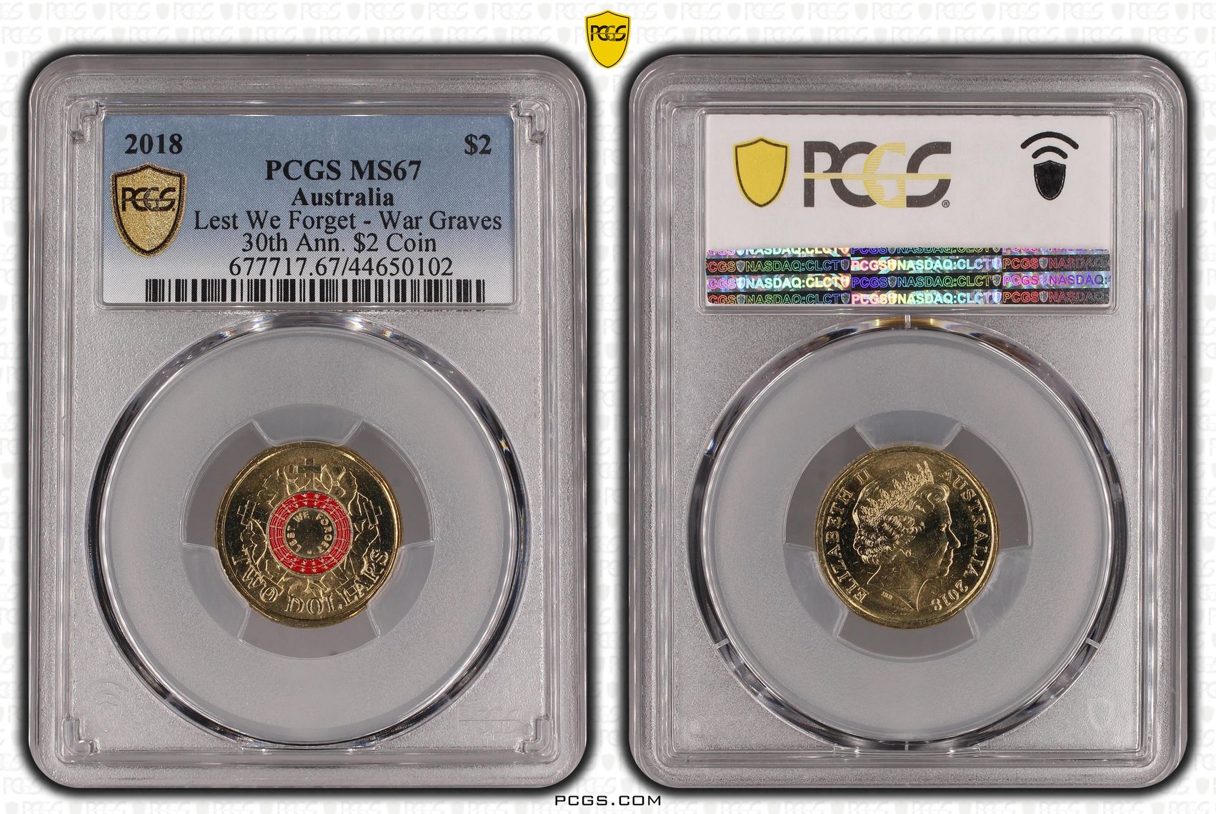 2018 Australia Two Dollar, $2 Lest We Forget - War Graves 30th Ann. $2 Coin PCGS - MS67 -102