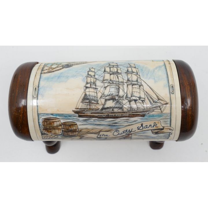 Scrimshawed ''The Cutty Sark'' Barrel Shaped Box 4.5'' - Unsigned