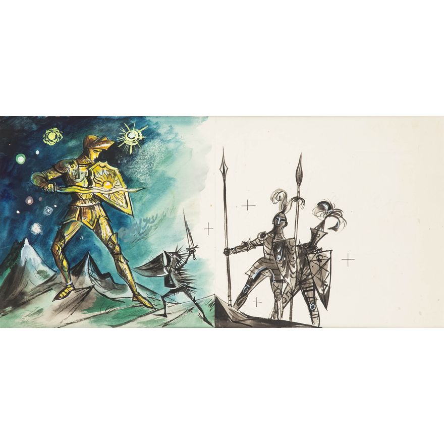 Jan Marcin Szancer | Ilustracja do książki "Baśń o stalowym jeżu" - rycerze, 1963