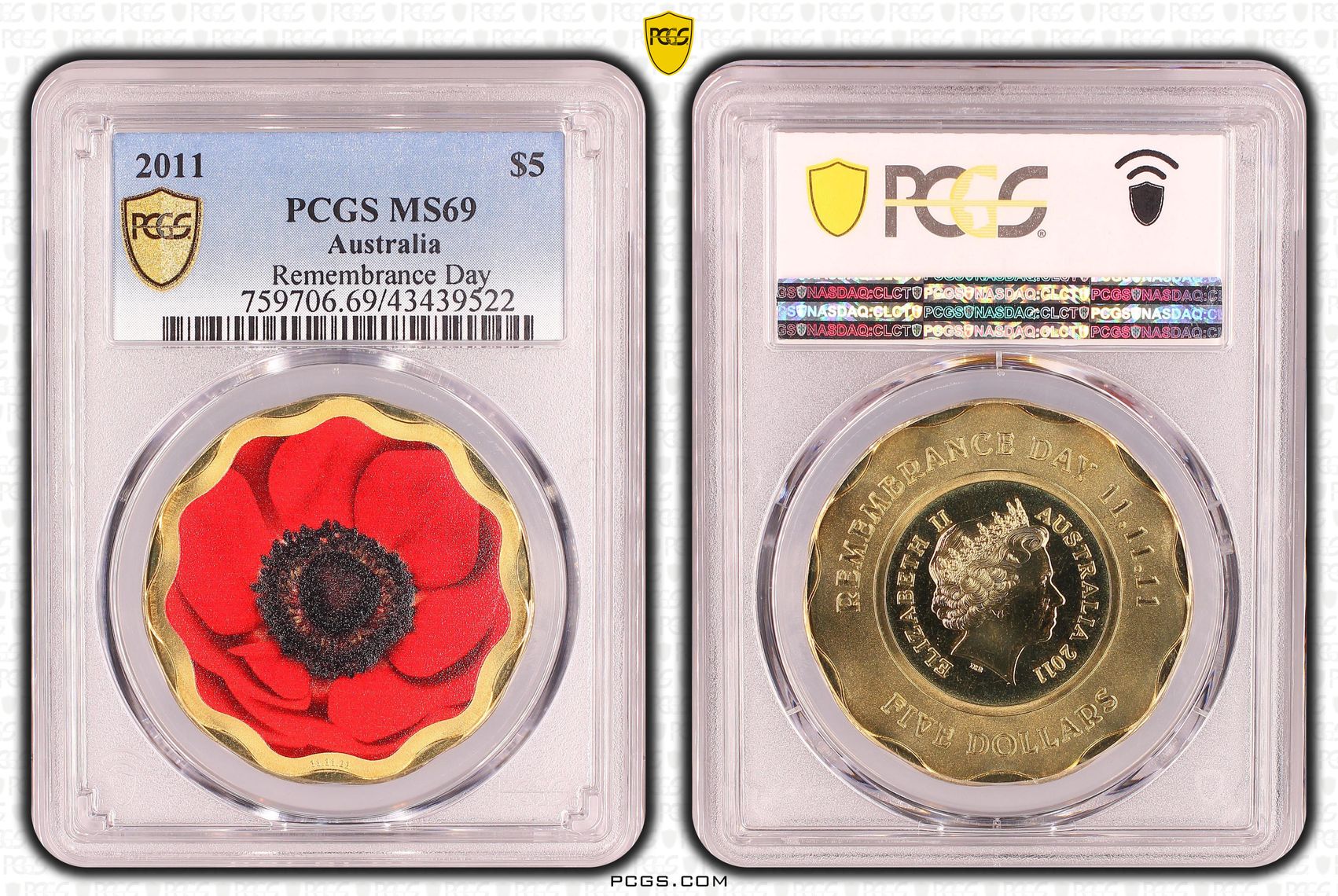 Elizabeth II, Remembrance Day, Five Dollar, MS69 , 2011 PCGS POP - 5/0