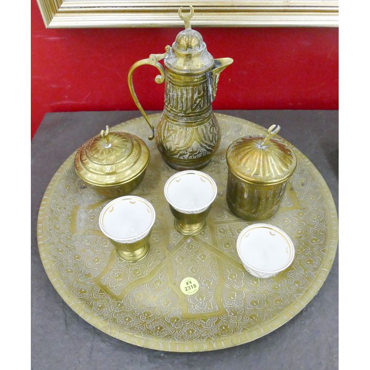 Vintage Persian Worked Brass Tea Set with Tray- 13''